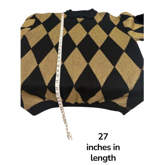 Vintage Alfred Dunner Black & Gold Argyle Knit Sweater | Made in USA | XL | Lure - Picture 10 of 11